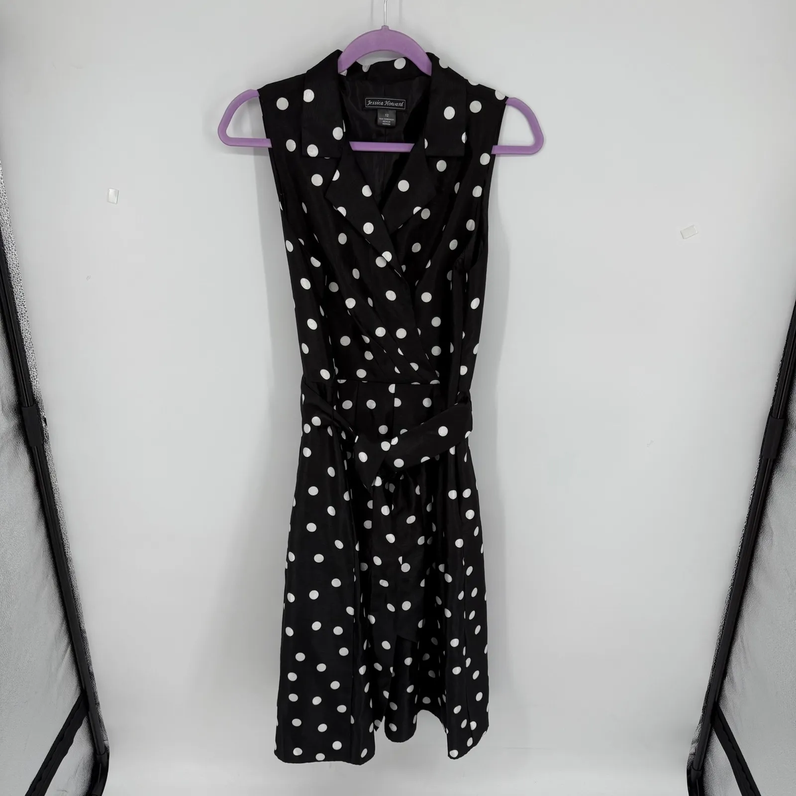Jessica Howard Black White Polka Dot Dress‎ Sleeveless Tie Waist Women 12 Retro - Image 6