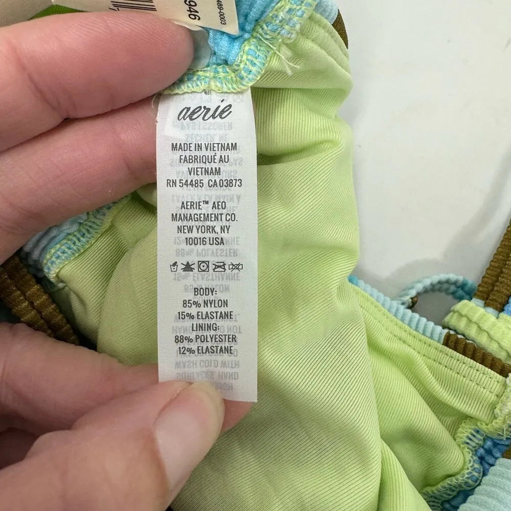 Aerie Ribbed Long Line Bandeau Bikini Top Ruched Striped Blue Yellow Size M NEW - Image 10