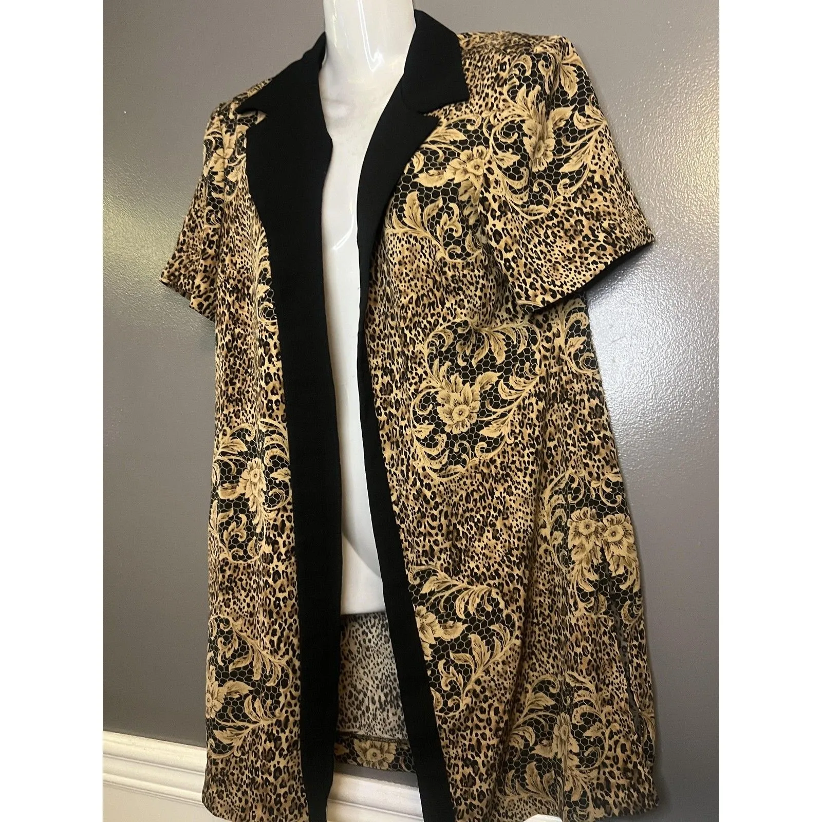 Studio I Petite Jacket Womens 12P Black Leopard Open Front Short Sleeve Blazer - Image 3