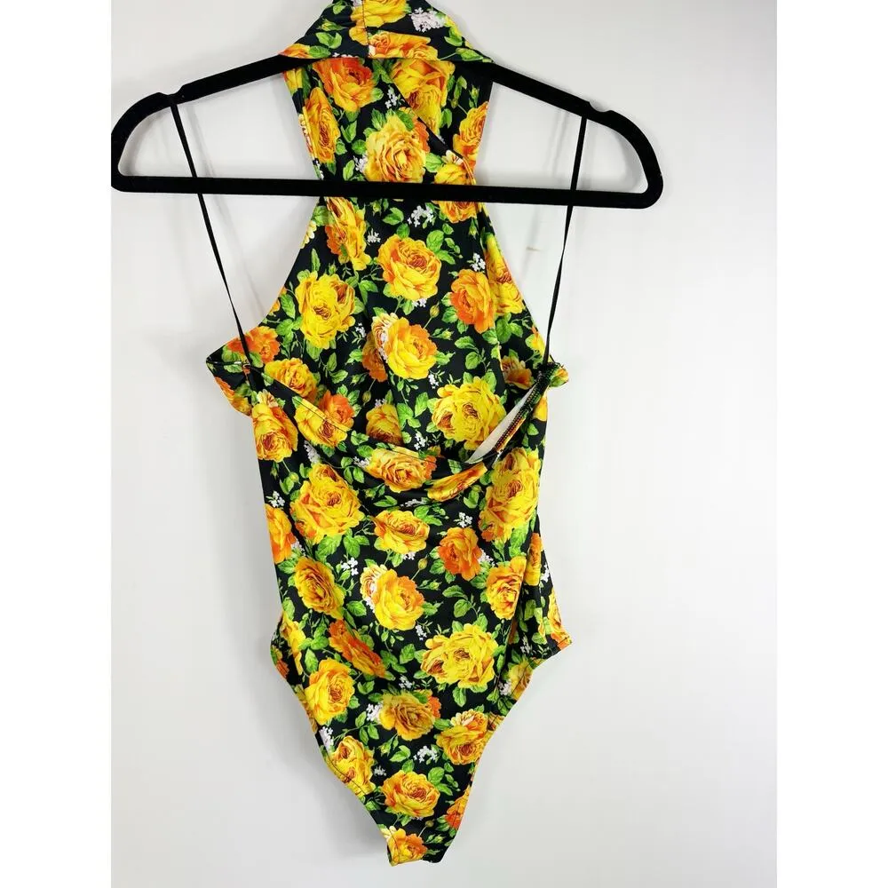 Zara Womens Criss Cross Halter Bodysuit Yellow Floral Black Medium - Image 6