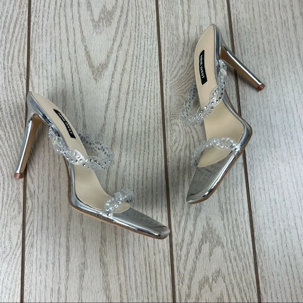 Nine West Ziggle Heeled Slide Gem Embellished Sandals 8 Clear Silver Tone $89 - Image 4