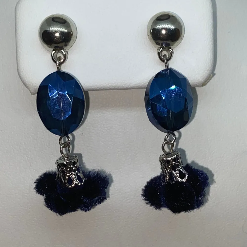Silver-Tone Blue Beaded & Pom-Pom Dangle Earrings - Image 3