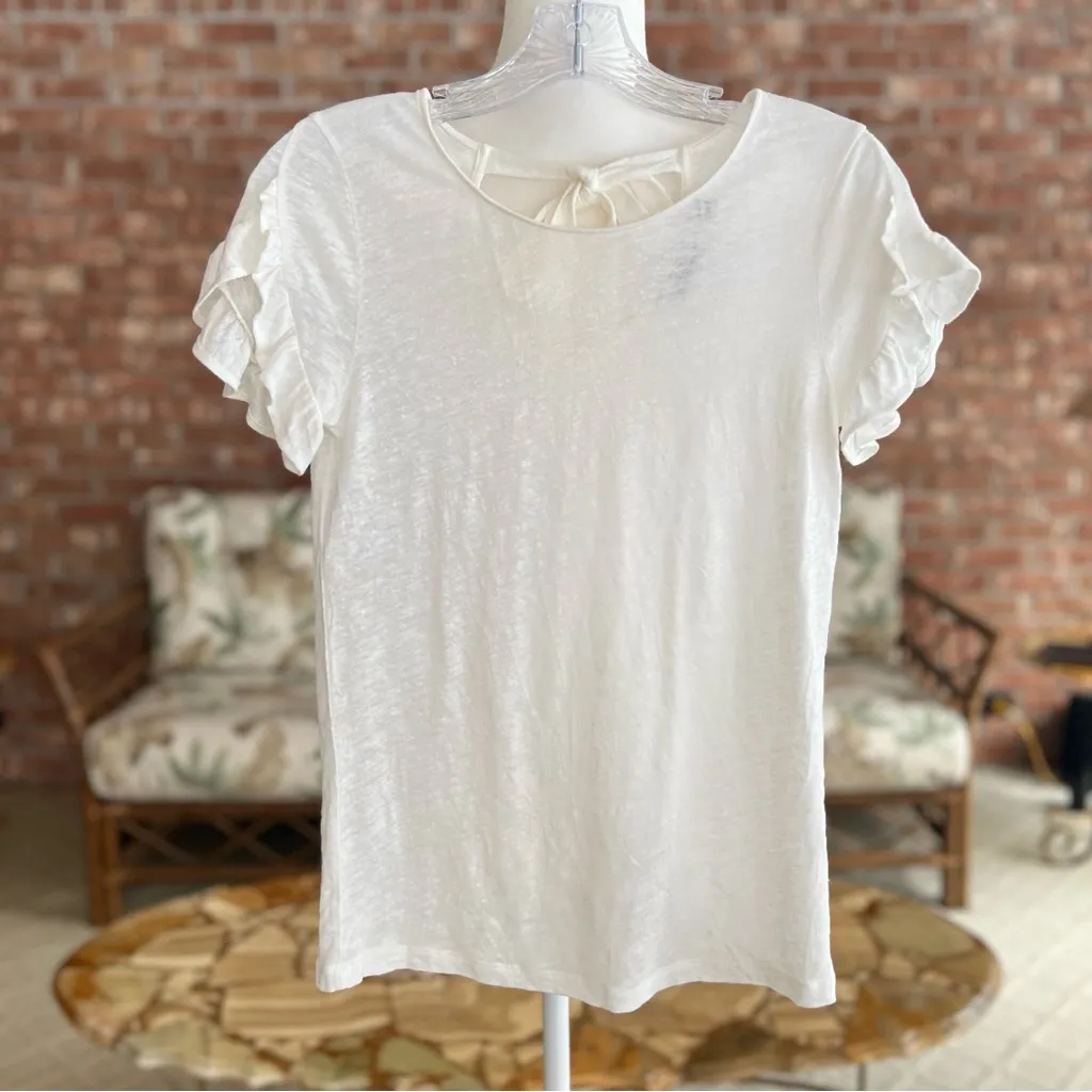 Vineyard Vines Tee Shirt Ruffle Short Sleeve Ivory Linen Tie Back Top XXS Casual - Image 4
