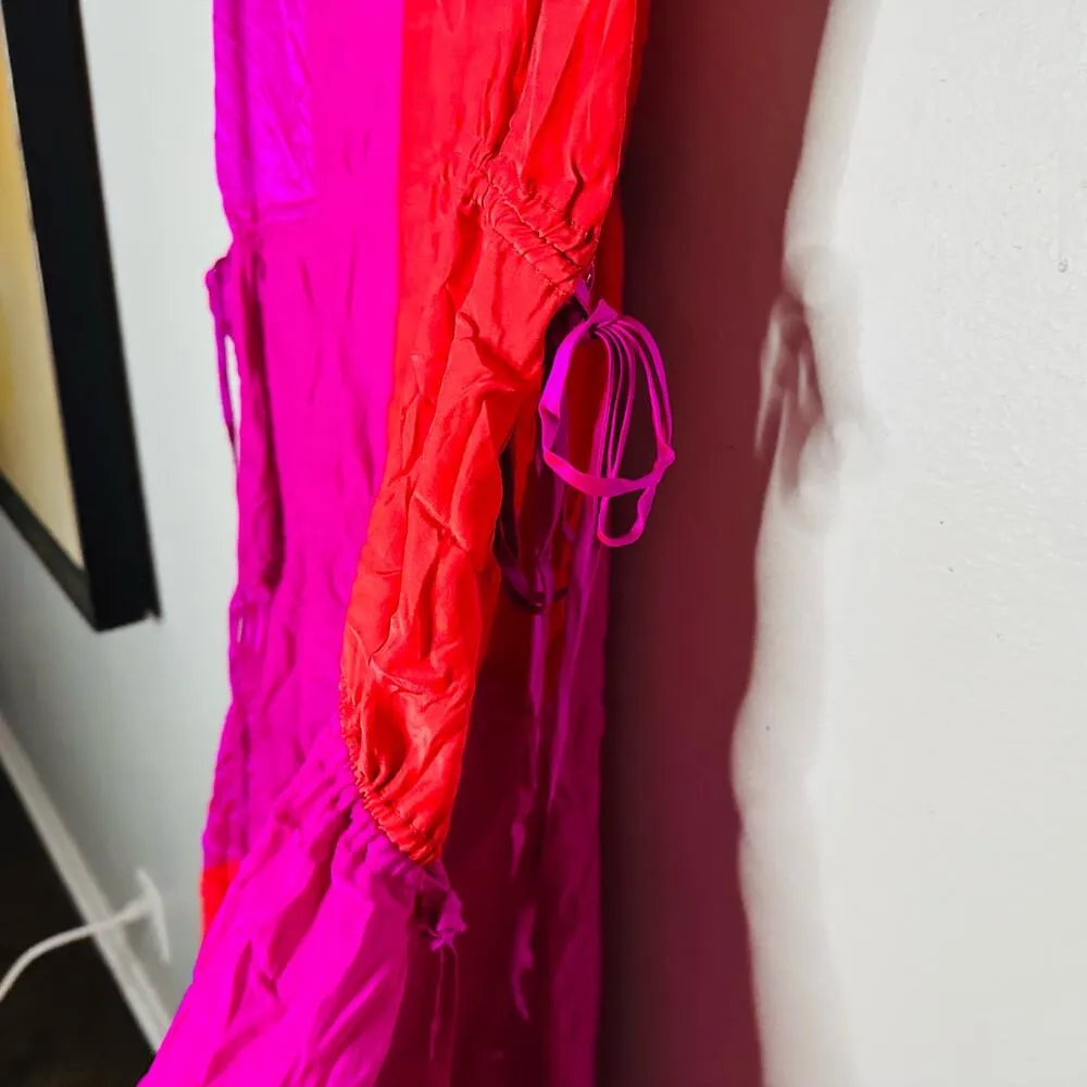 AMUR Women's Orange Pink Colorblock 100% Silk Lotta Ruched Maxi Dress Size 8 - Image 7