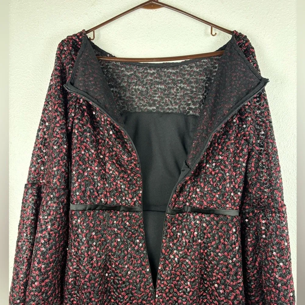 Carmen Marc Valvo‎ Infusion 6 Red Black Sequin Lace Bell Sleeve Dress NWT - Image 9