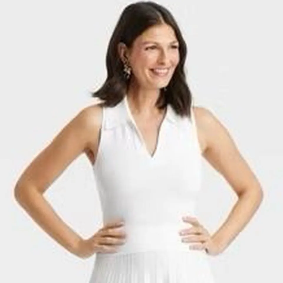 A New Day Sleeveless Polo Collared Top White Preppy Tennis Prep Ribbed Size XS - Image 8