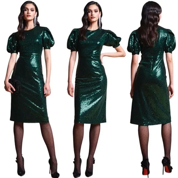 Rachel Parcell Bias Sequin Short Puff Sleeve Dress Green Medium - Image 2