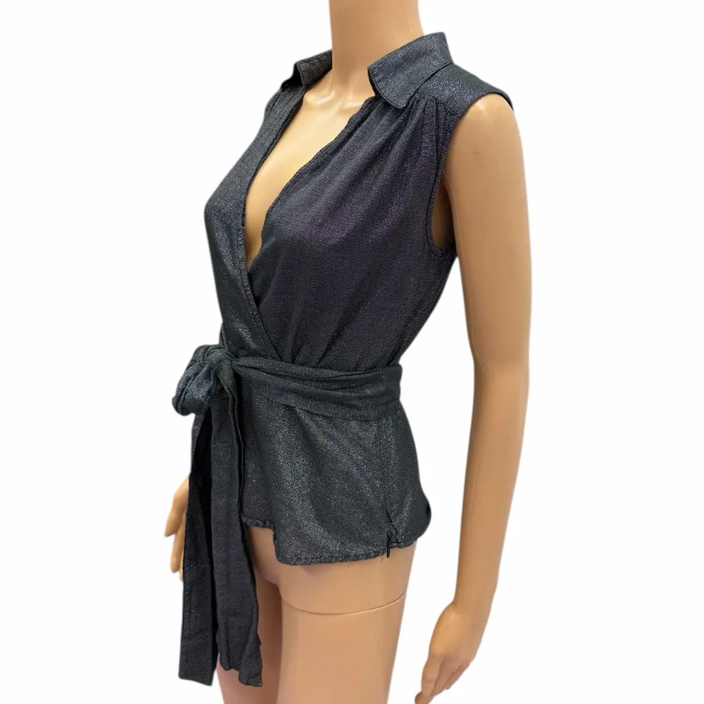Rampage Shimmering Sleeveless Black Wrap Blouse Juniors Medium - Image 6