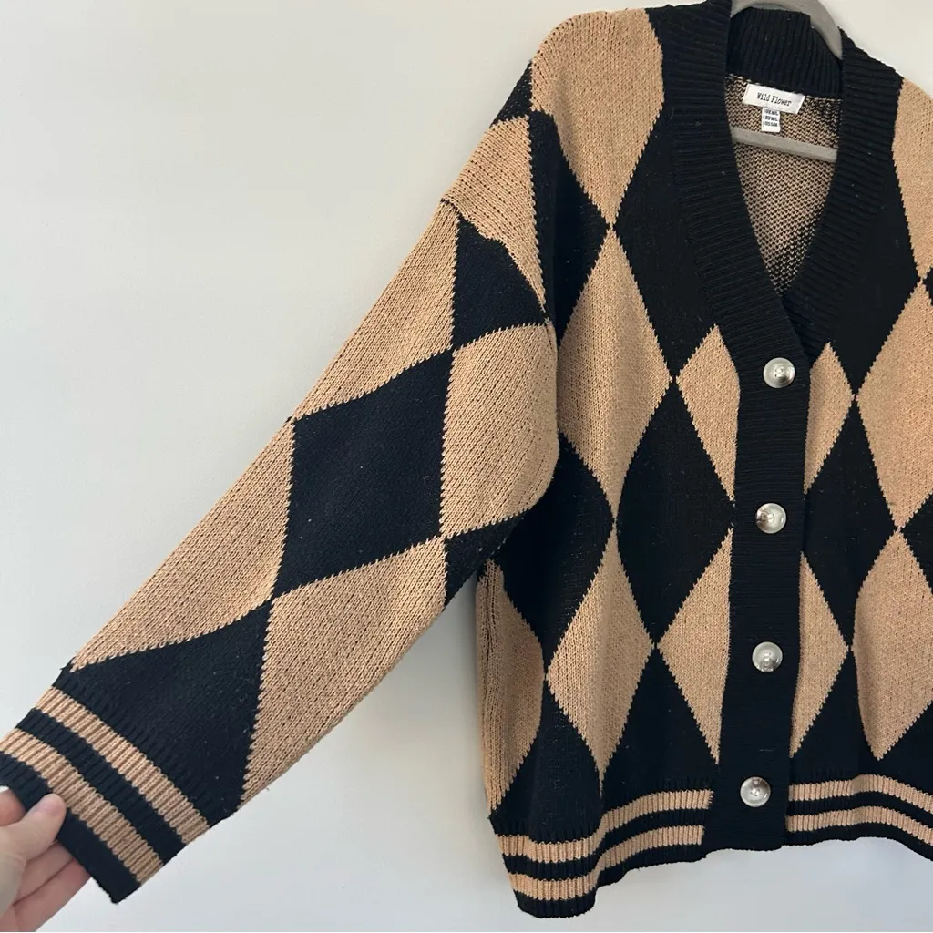Wild Flower Black Tan Button Front Argyle Cardigan S/M - Image 4