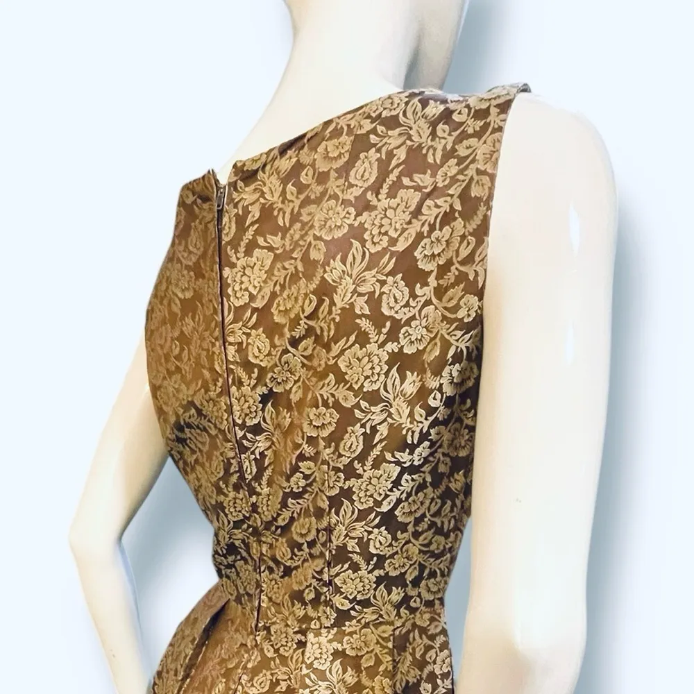 Vintage 60s Floral Brocade Brown Gold Asian Sleeveless Cocktail Dress Medium - Image 10