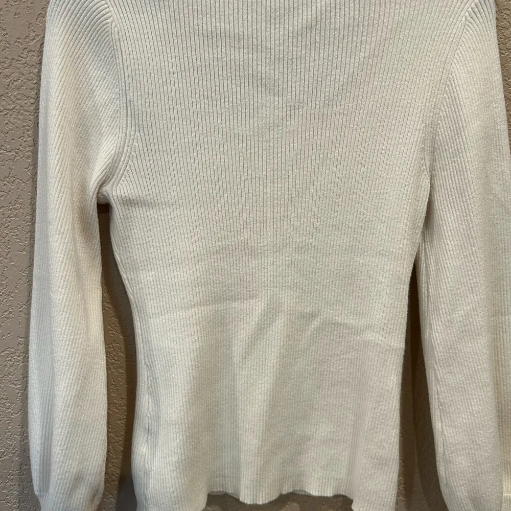 Marled Cream Crew Neck Ribbed Sweater with Balloon Sleeves White Size M - Image 5