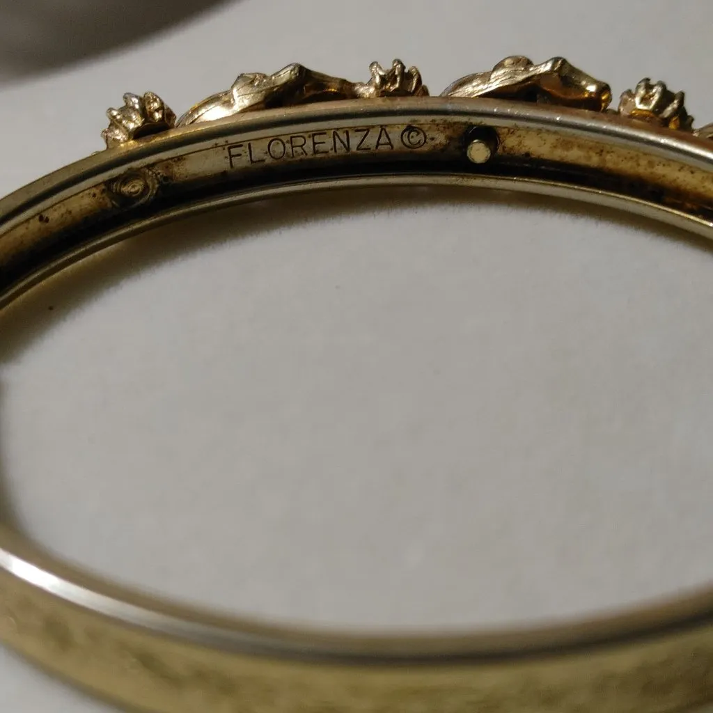 Florenza Bangle Hinge Bracelet Yellow Gold Tone Vintage Green AB Rhinestones - Image 2