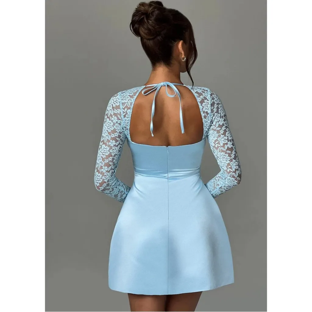 Babyboo Sadie Mini Satin Dress Lace Long Sleeves in Blue Size Medium Gently Used - Image 4