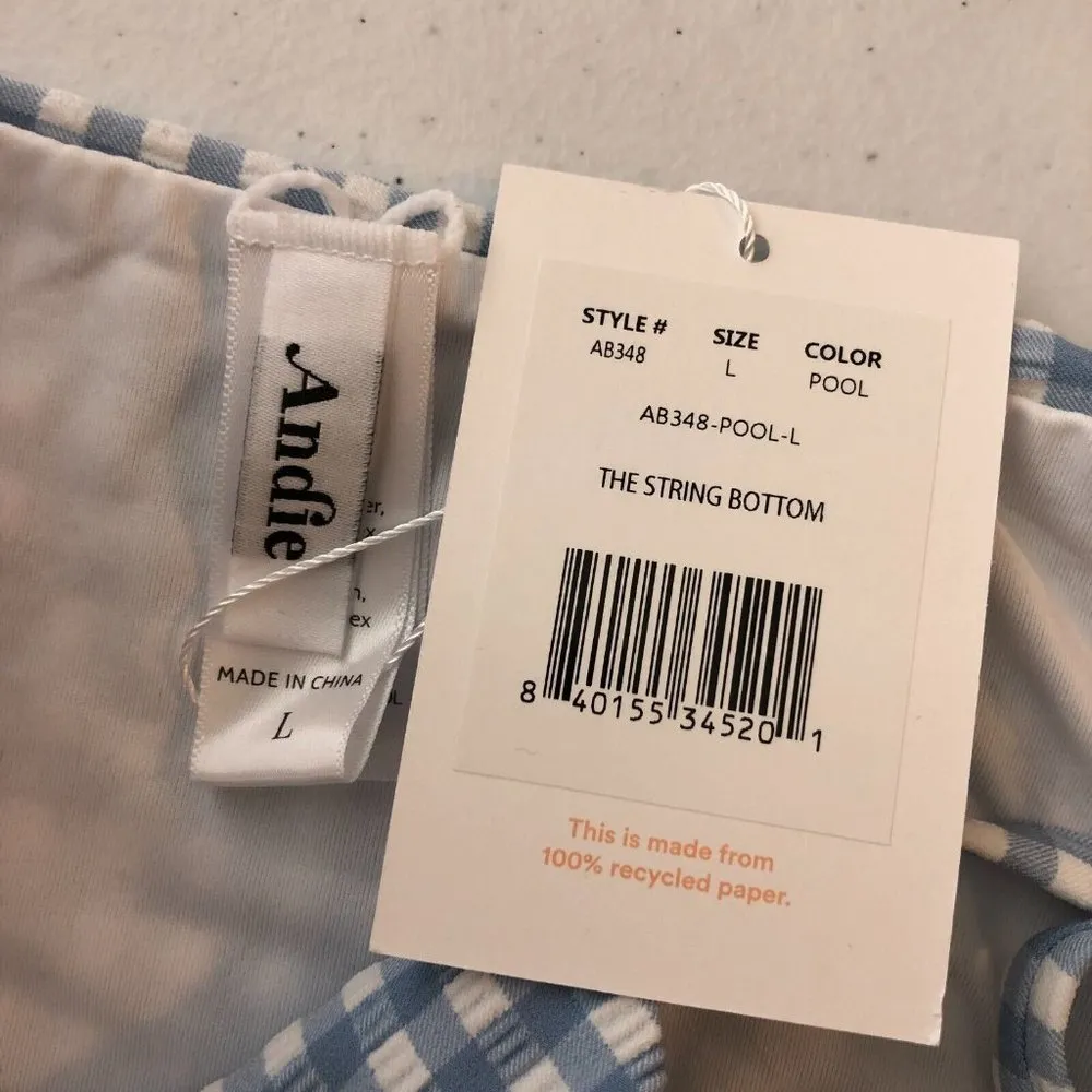 Andie Swim The String Bikini Bottom Tie Sides Gingham Plaid Pool Blue L - Image 5