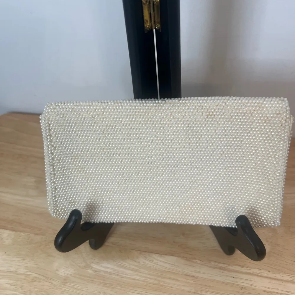 Vintage 60s Faux Pearl Clutch
Silver Beaded Bridal Purse - Image 4