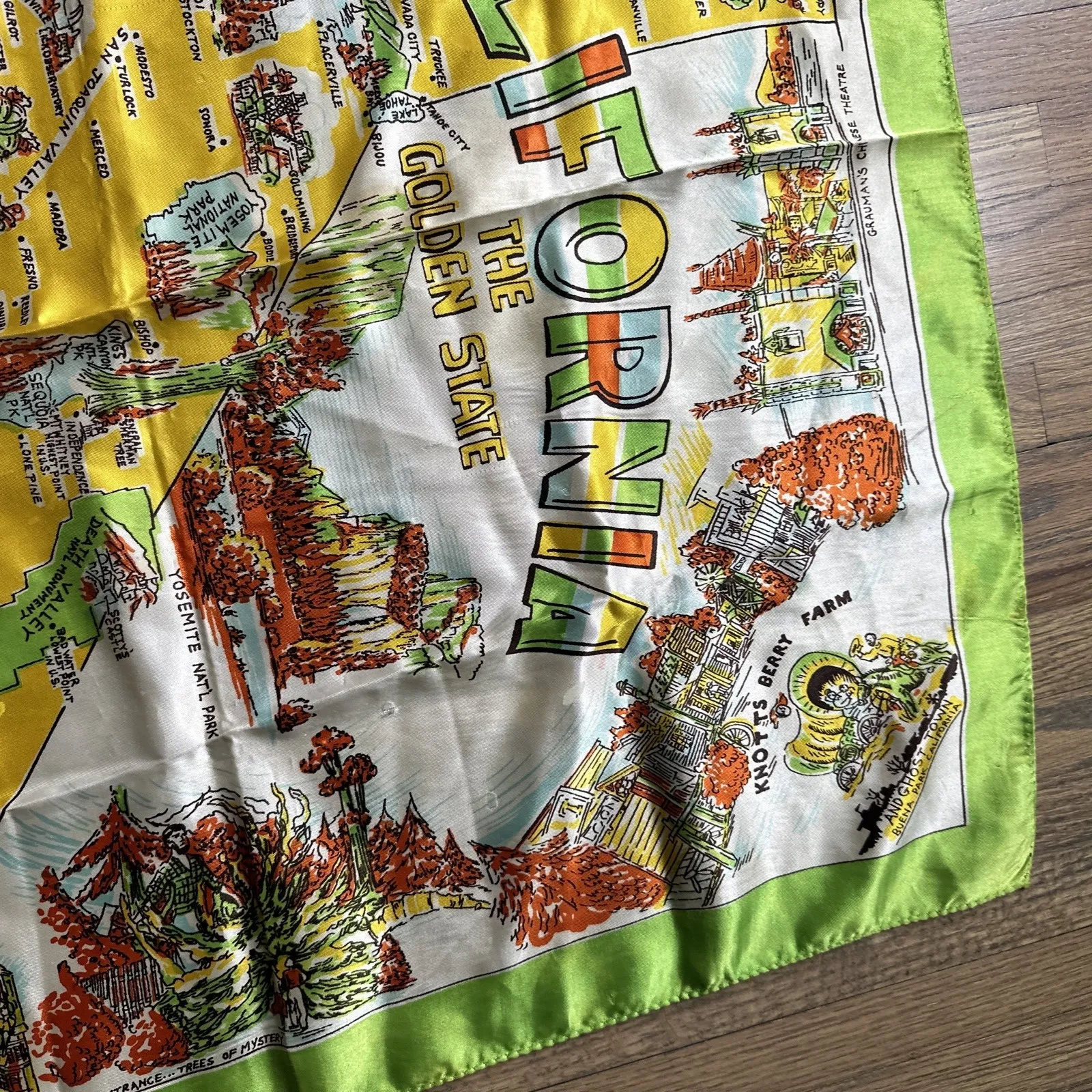 Vintage California Map Silk Scarf Tourist Landmarks Souvenir 28x28 Hand Rolled - Image 3