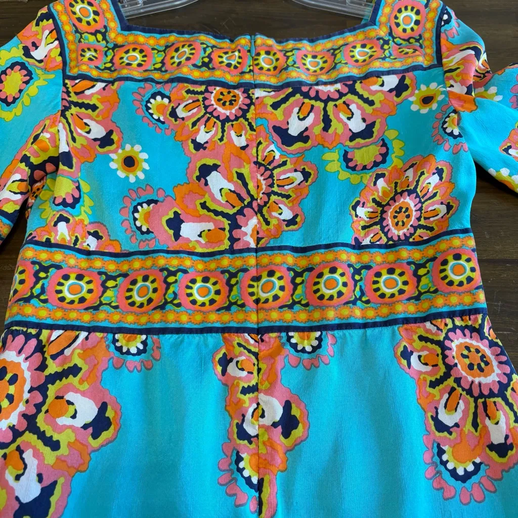 Trina Turk Gypsy Psychedelic Floral Funky Medallion Baby Doll Bell Sleeve Silk - Image 11
