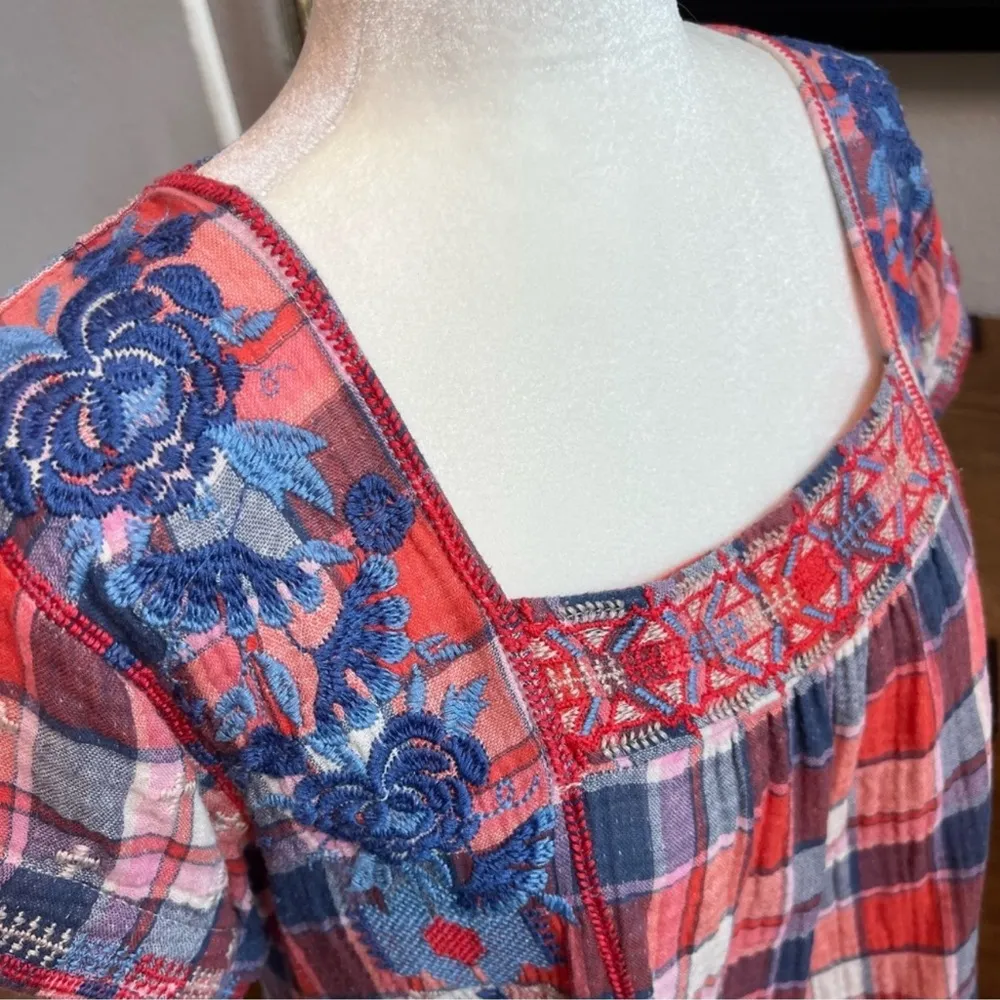 Johnny Was Workshop Zelda Mexican Plaid Embroidered Short Sleeve Red/Blue/White - Image 9