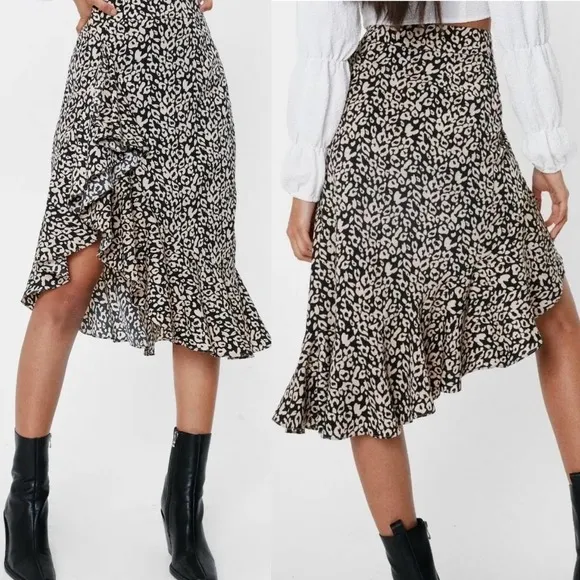 Nasty Gal Leopard Print Midi Skirt High Low High Waisted Black Cream Womens 6 - Image 2