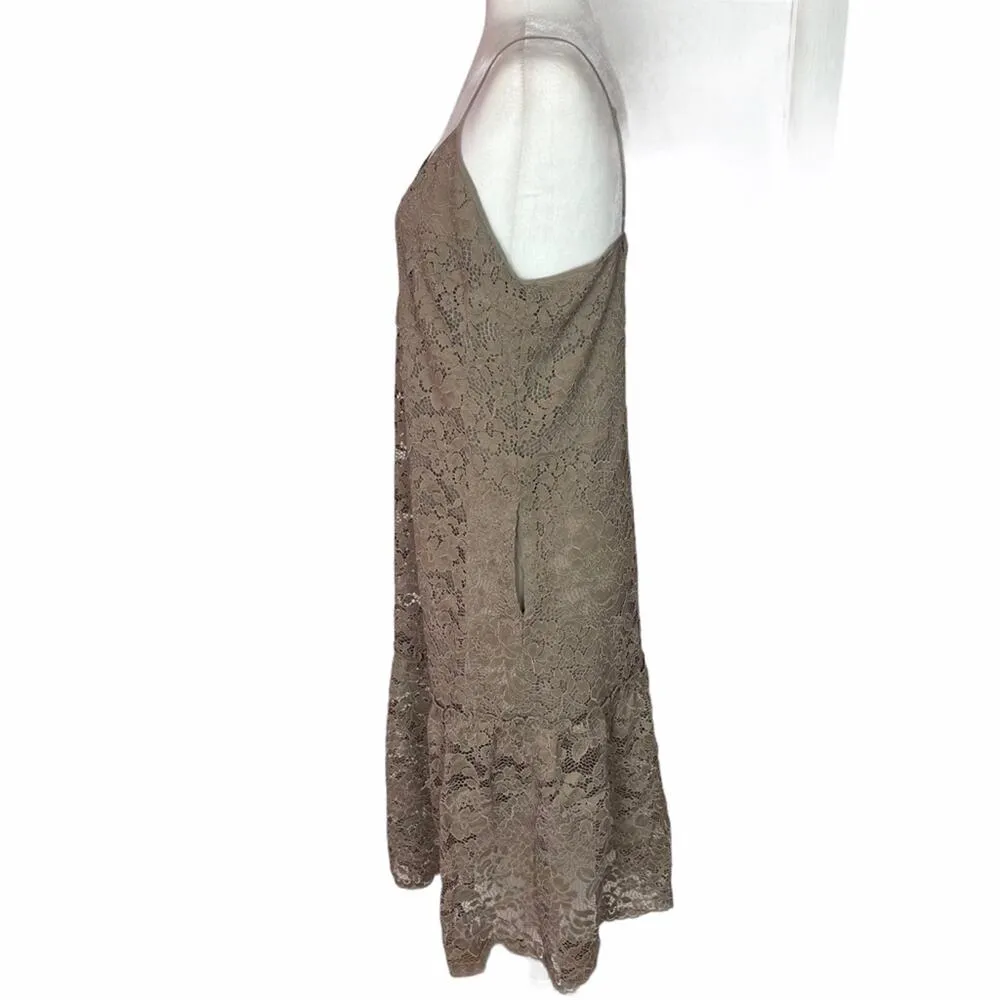 Gold Hawk Slip Dress Silk Taupe Spaghetti Straps Lace Ruffle Hem Pockets S NEW Brown - Image 2