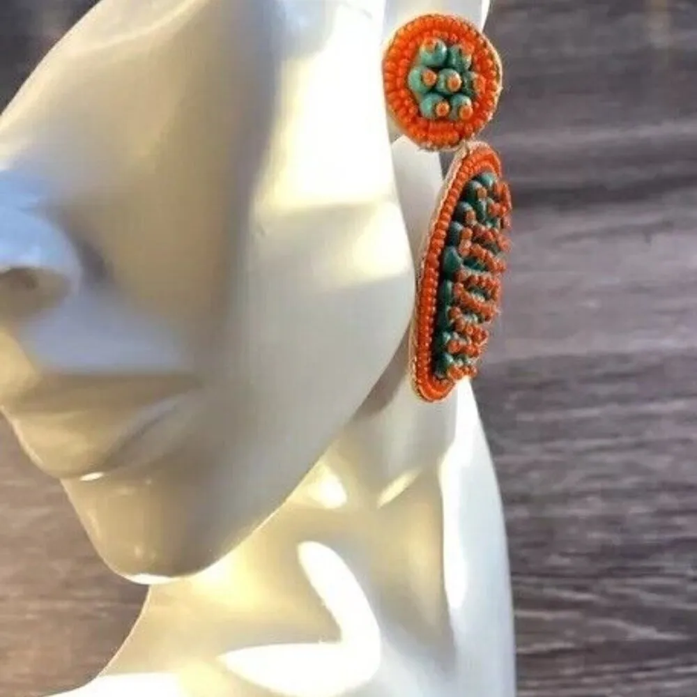 Vintage Modern Green Orange Bead Tassle Earrings Boho Western Dangle Statement - Image 10