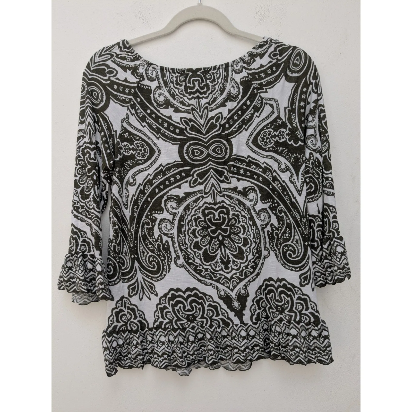 INC Women's Blouse Top 3/4 Sleeve White Green Paisley Boho Hippie Size Medium - Image 9