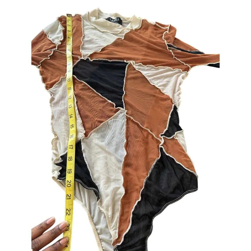 Akira Patchwork Long Sleeve Sheer Bodysuit Stretchy Top Abstract Design Size S - Image 4