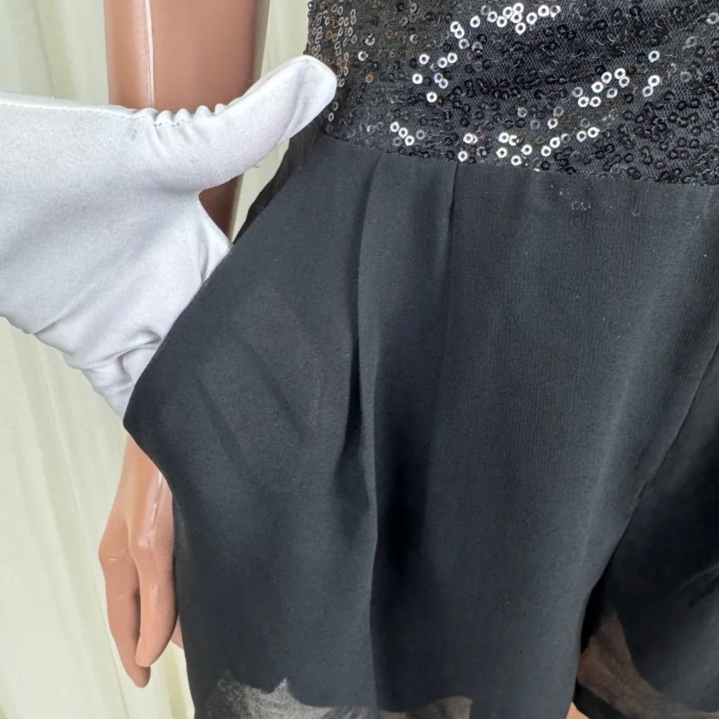 Women's TCEC Sequins Accent Ruched Shirred Chiffon Romper Size Medium Black - Image 8