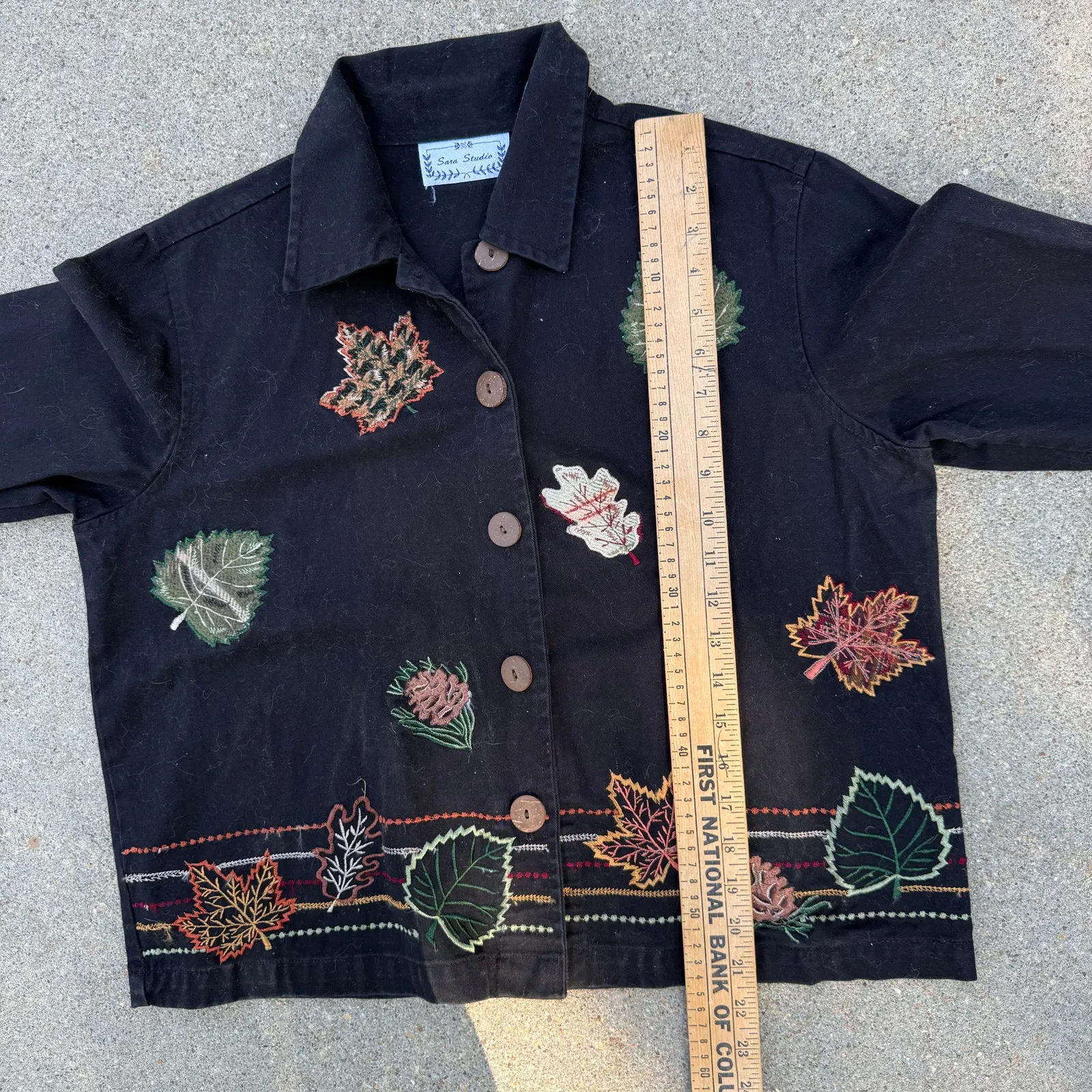Sara Studio Fall Leaves Embroidered Button Front Black Canvas Jacket MEDIUM - Image 7