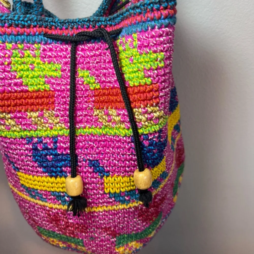 Wayuu Woven Bucket Bag Purse Pink Yellow Wood Bead Animal Print Cinch Close Boho - Image 10