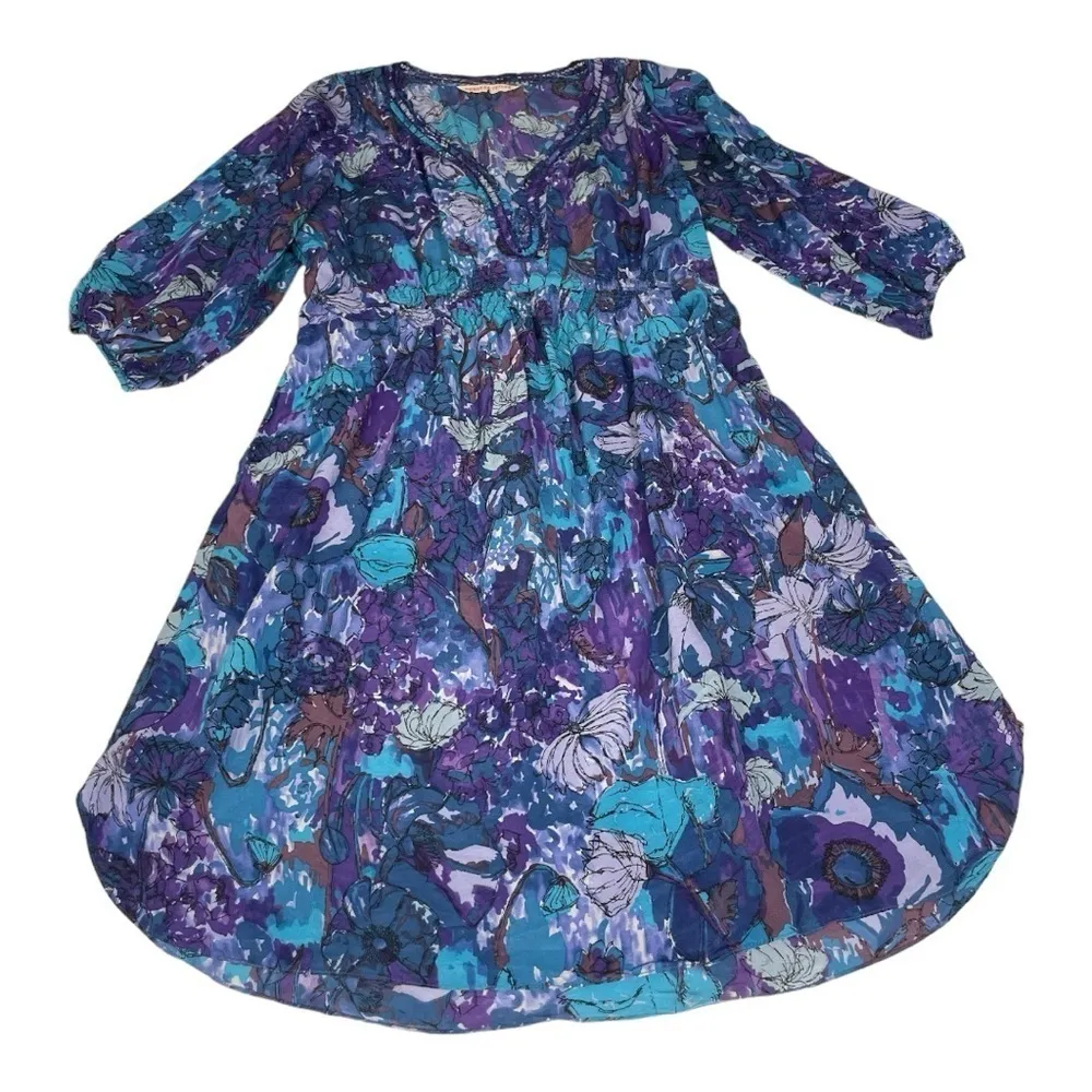 Rebecca Taylor Silk Purple Blue Floral 3/4 Sleeve Peasant Dress Size 4 - Image 6