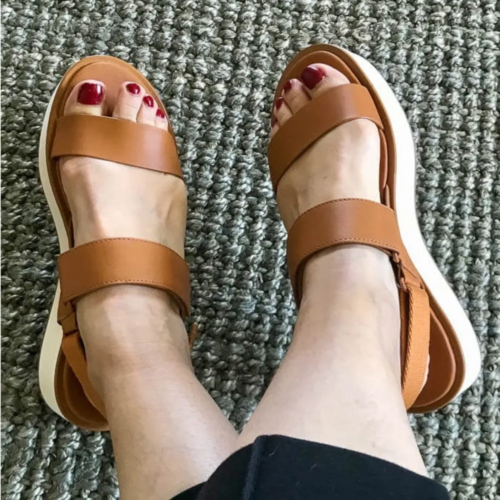 Everlane The Leather Platform Sandal Golden Brown Tan Ankle Strap White Velcro 6 - Image 16