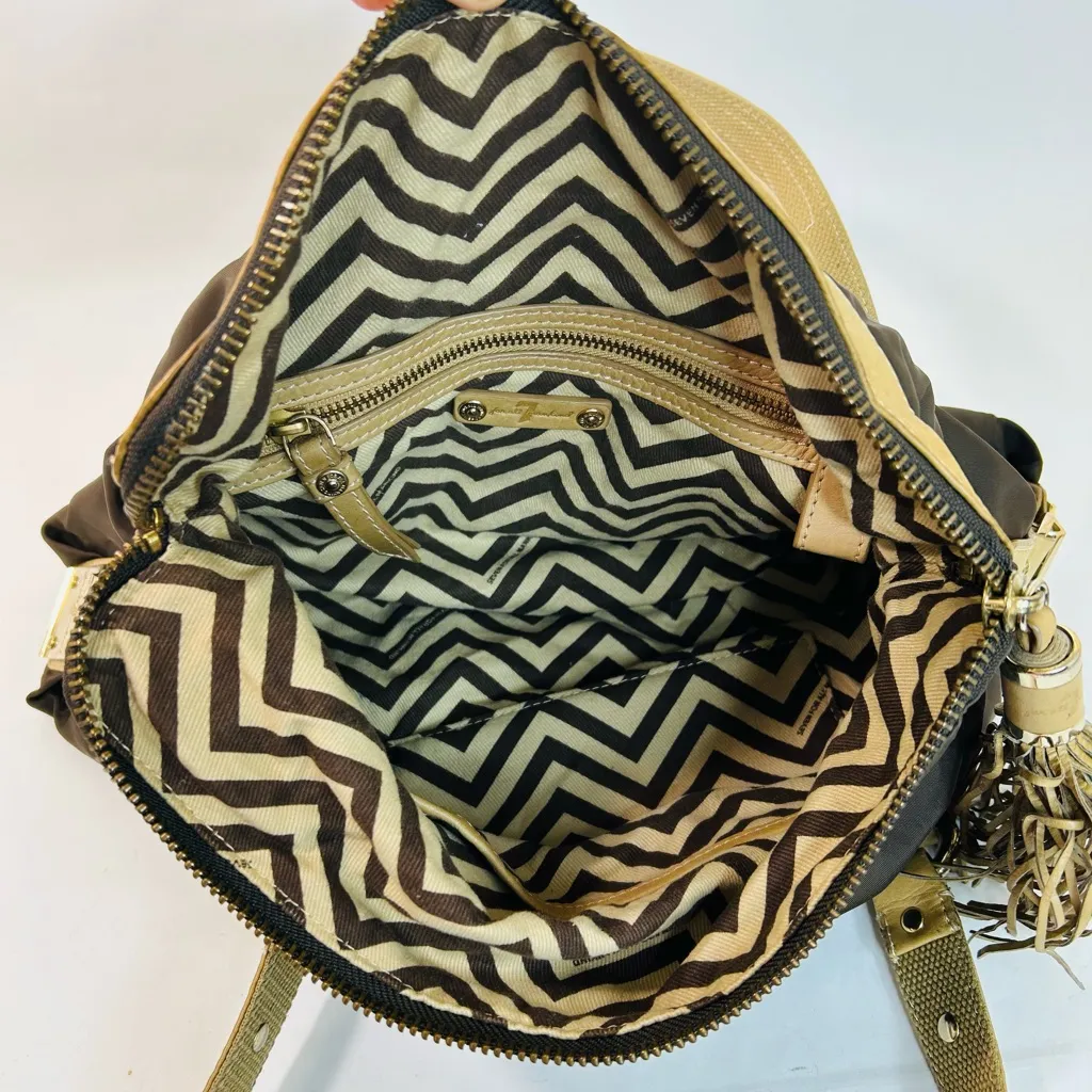 7 For All Mankind Brown Nylon and Leather Foldover Satchel with Fringe Detail - Image 10