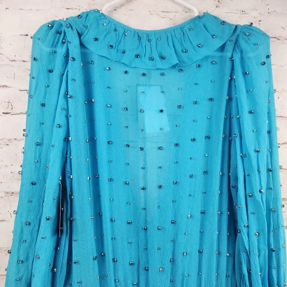 Retrofete Lennon Embellished Silk Chiffon Dress in Blue Size Medium NWT V Neck - Image 7