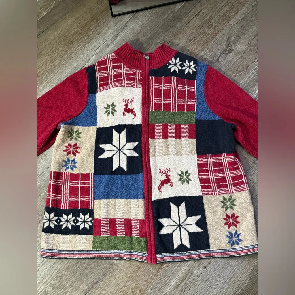 Vtg Nordic Snowflake Patchwork Knit Multi Color Sweater Cardigan Christmas 2X Red - Image 2