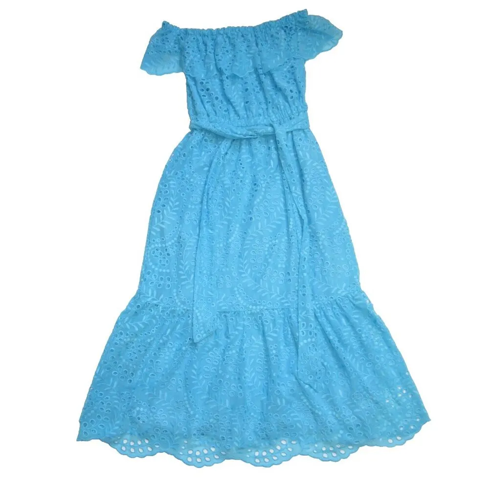 NWT Lilly Pulitzer Geri Off Shoulder Seabreeze Blue Swirly Fern Eyelet Dress M - Image 2