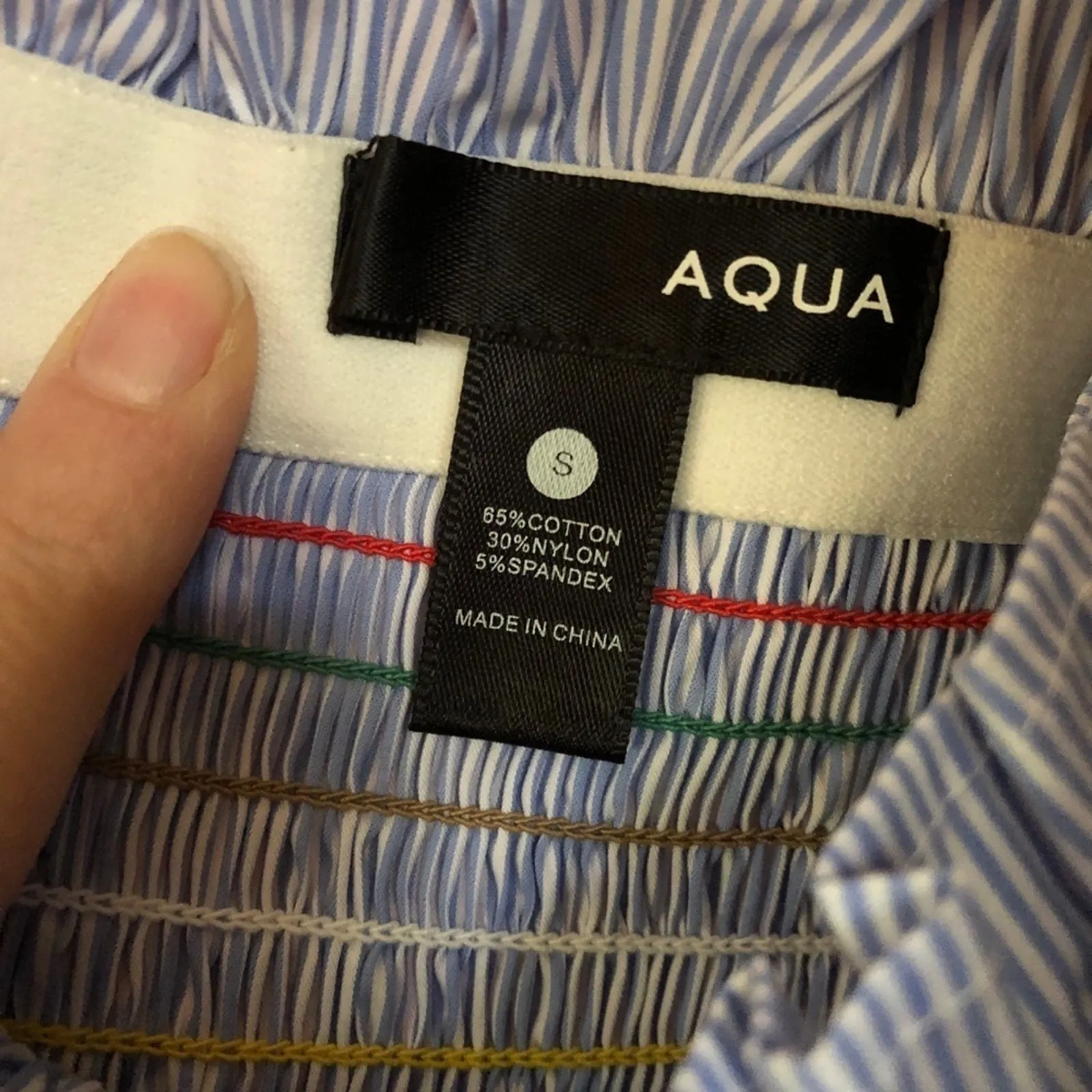 AQUA Pinstripe Off-Shoulder Top Pleated Smocked Women S Flare Sleeve Beachy Blue - Image 5