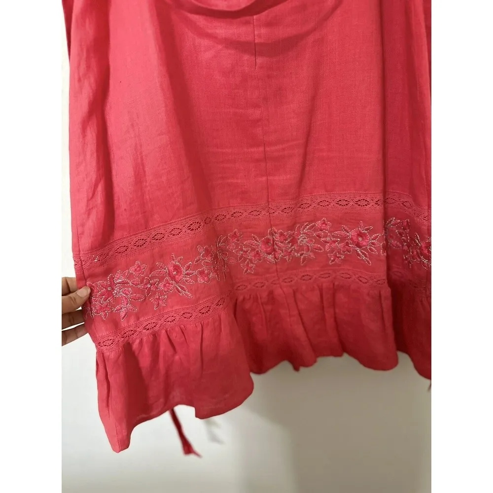 VTG Old Navy Red Coral Linen Cotton Floral Embroidered Dress Size 6 Beachy Boho - Image 4