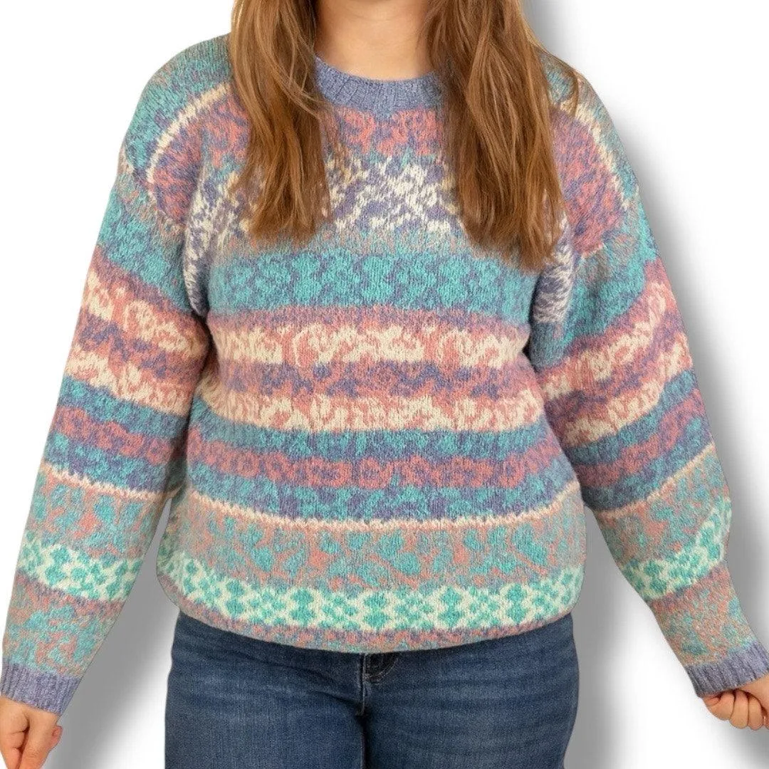 Vintage Carole Little St Tropez Wear Pastel Knit Sweater 90s Abstract Art Medium Pink - Image 1