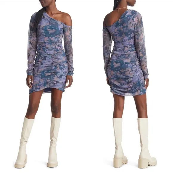 NWT FREE PEOPLE Chloe One-Shoulder Long Sleeve Bodycon Floral Mini Dress Blue L - Image 21