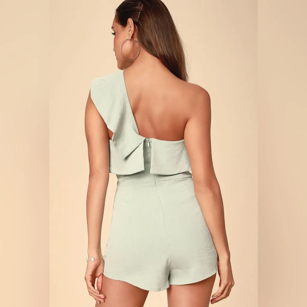 Lulus LULU’S BUTTERFLY EFFECT SAGE GREEN ONE-SHOULDER ROMPER - Image 2