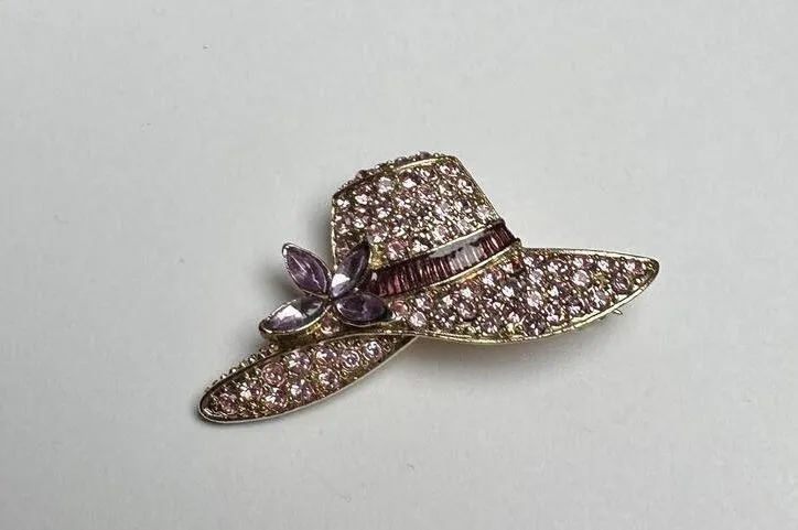 Monet Purple & Pink Rhinestone Hat Brooch Pin Gold Tone Signed - Image 8