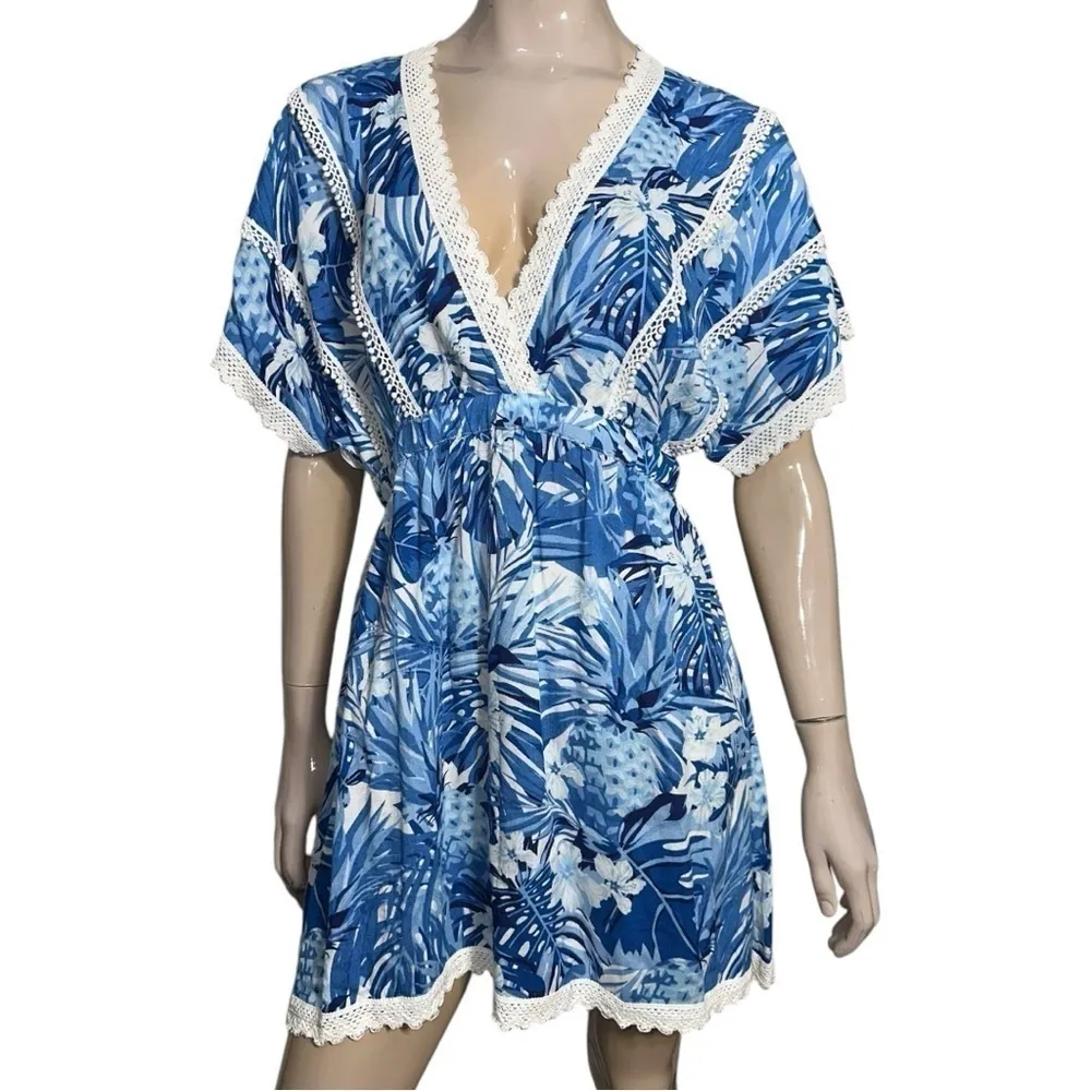 America & Beyond Women’s Size L Blue White Embroidered Lace Surplice Neck Dress Size L - Image 2