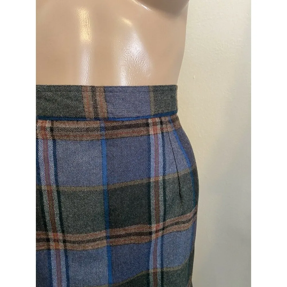 VTG New 70’s Escada SRB 10 Wool Skirt Tartan Plaid Fringe Midi Blue Scottish - Image 3