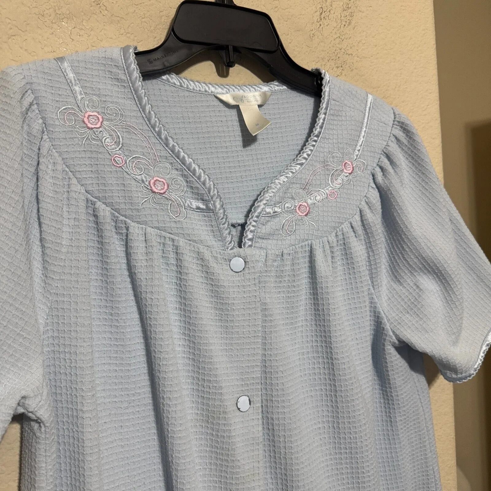 VTG Adonna Blue Snap Front robe House Dress Pockets waffle knit Women's Sz M - Image 2