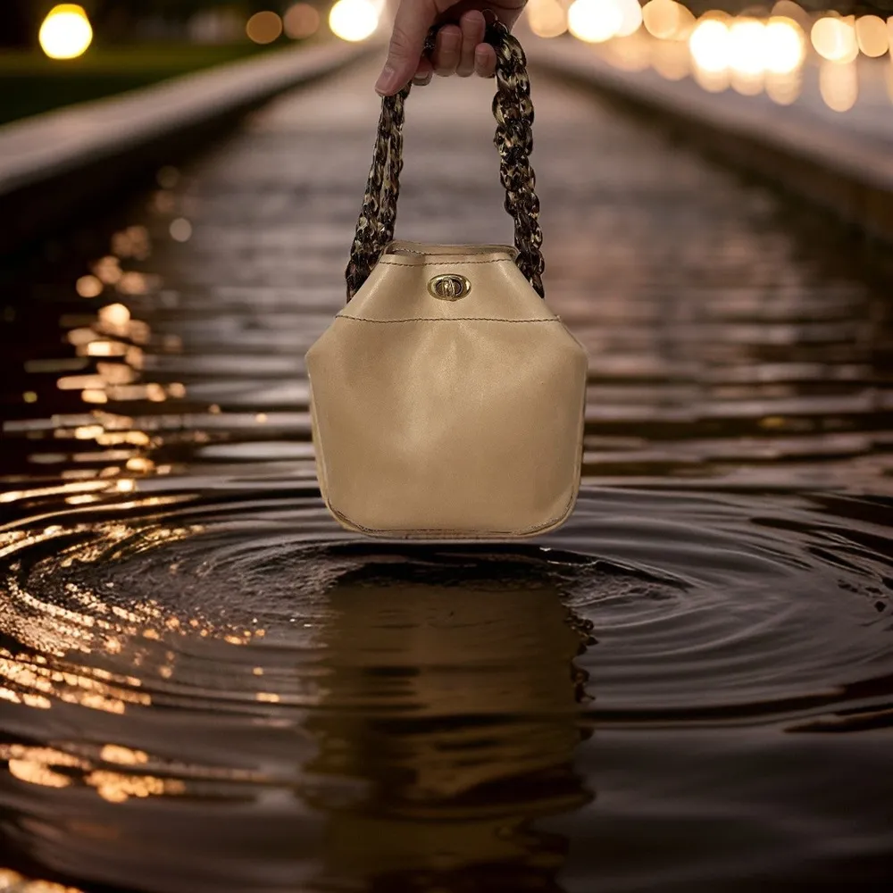 Tan Leather Bucket Bag | Shoulder or Crossbody with Acrylic Chain Strap - Image 10