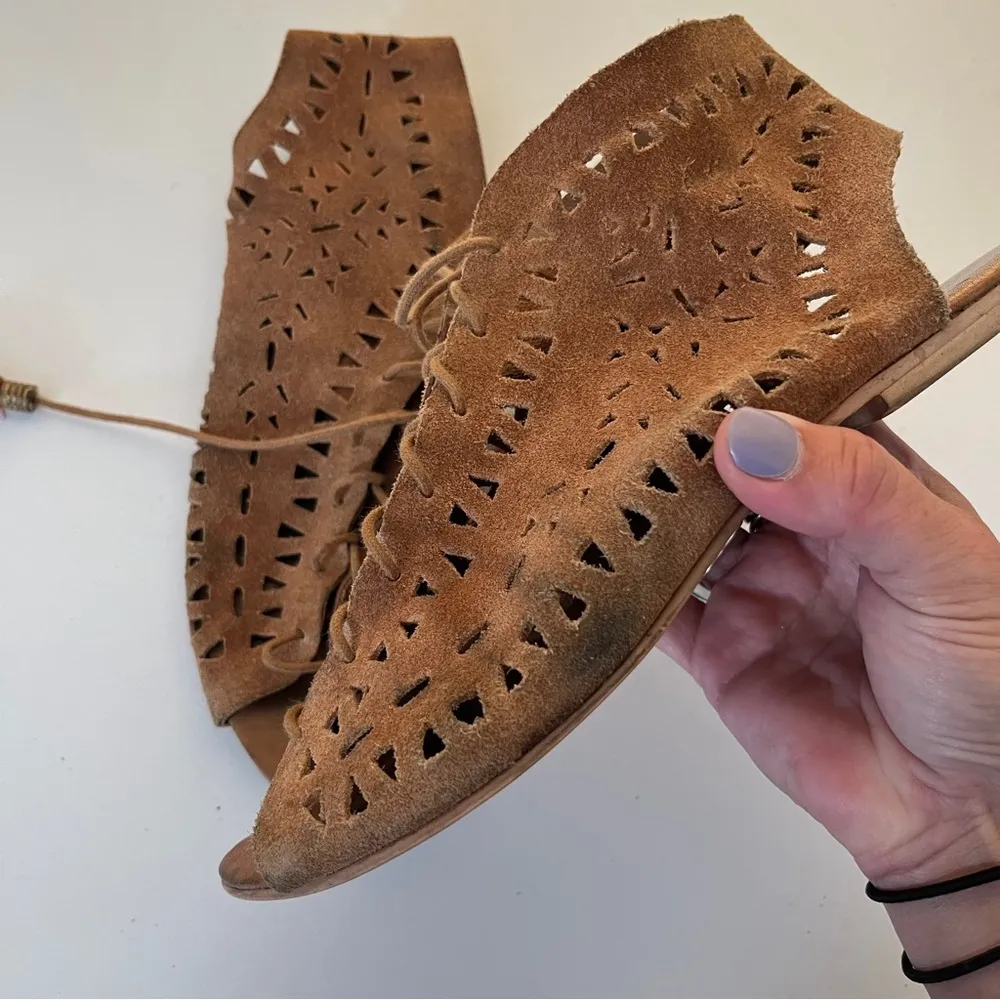 Matisse x Ascot Friday Boheme Moccasin Fringe Cut Out Brown Suede Sandals Tan 7 - Image 4