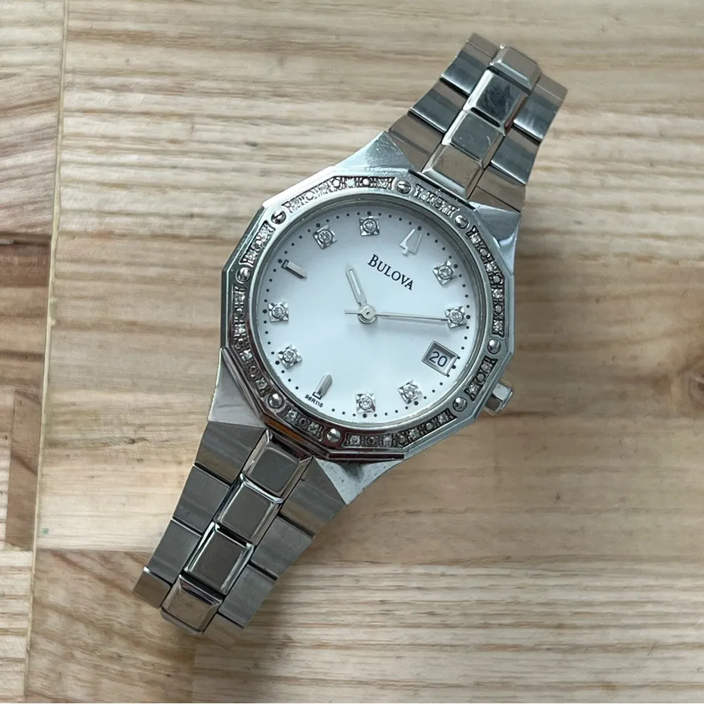 Bulova Diamonds Ladies Watch Diamond Bezel Markers Stainless Bracelet White Dial - Image 8