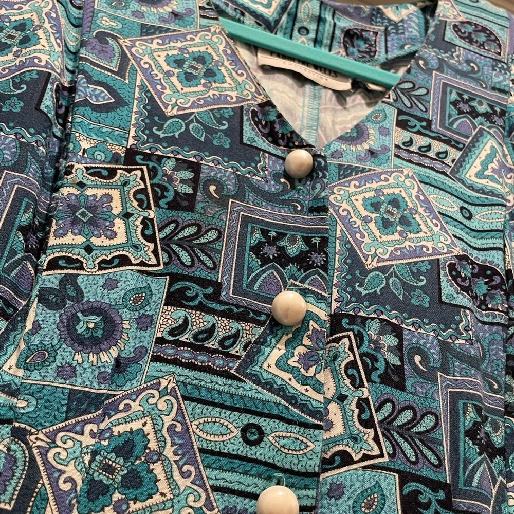 VTG 80s 90s Caroline Wells Collection Blue & Purple Paisley Button-Down Romper - Image 6