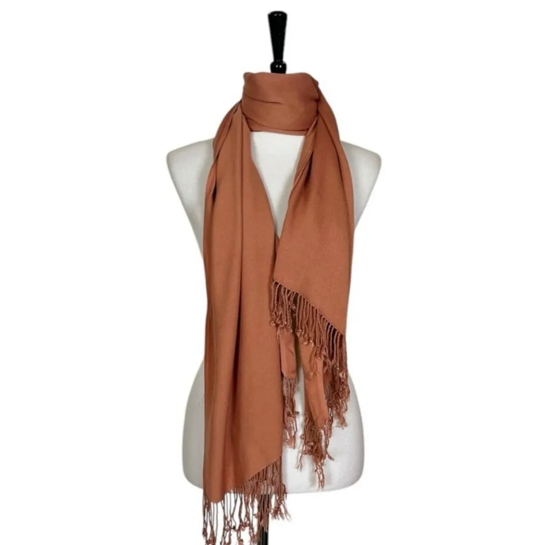 Women’s Bundle 3 Oblong Scarfs Solid Neutral Color Fringe Tan Orange Brown Tan - Image 2